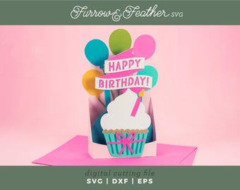 3D Cupcake Birthday Pop Up Card SVG: DIY Papercut File (Digital Download)