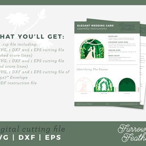 May include: A digital cutting file for a wedding card with a couple standing under an archway. The file includes SVG, DXF, and EPS formats. The card is 5x7 inches and includes instructions for assembly.