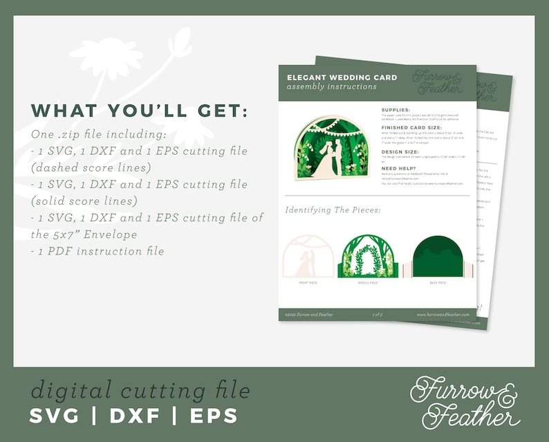 May include: A digital cutting file for a wedding card with a couple standing under an archway. The file includes SVG, DXF, and EPS formats. The card is 5x7 inches and includes instructions for assembly.