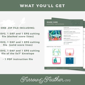 Puede incluir: Descarga digital de instrucciones de montaje de una tarjeta de tibur&oacute;n. La imagen incluye un archivo zip con archivos de corte SVG, DXF y EPS, adem&aacute;s de un archivo de instrucciones PDF. El dise&ntilde;o de la tarjeta presenta un tibur&oacute;n en una escena submarina.