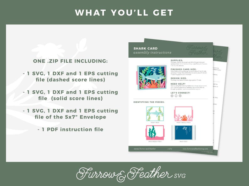 Puede incluir: Descarga digital de instrucciones de montaje de una tarjeta de tibur&oacute;n. La imagen incluye un archivo zip con archivos de corte SVG, DXF y EPS, adem&aacute;s de un archivo de instrucciones PDF. El dise&ntilde;o de la tarjeta presenta un tibur&oacute;n en una escena submarina.