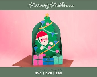 Tarjeta navideña desplegable de Papá Noel en el árbol de Navidad SVG: Tarjeta navideña 3D SVG (Descarga digital)