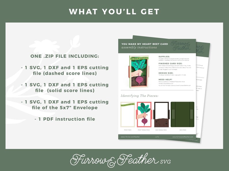 May include: A digital download for a paper craft card making project. The image shows a beet-themed card with the text "You Make My Heart Beet Card" and instructions for assembling the card. The download includes SVG, DXF, and EPS cutting files for the card and envelope, as well as a PDF instruction file.
