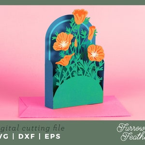Summer California Poppy Flower Box Card Template | 3D Pop Up Card SVG | 3D Papercut SVG Card Cut File | Cricut Silhouette DIY