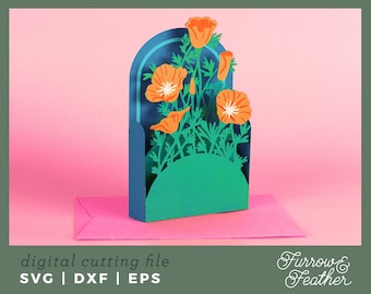 Summer California Poppy Flower Box Card Template | 3D Pop Up Card SVG | 3D Papercut SVG Card Cut File | Cricut Silhouette DIY