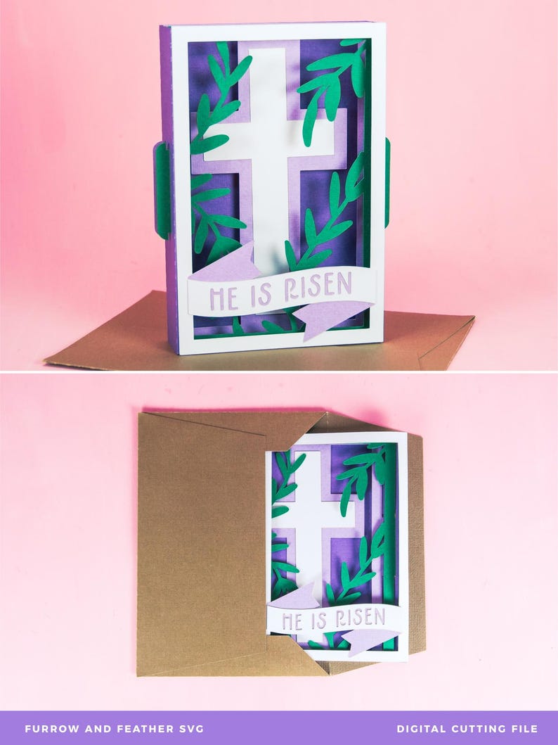 May include: A purple and white papercraft card with a white cross surrounded by green leaves. The card is open to reveal a purple banner with the text "He is Risen".