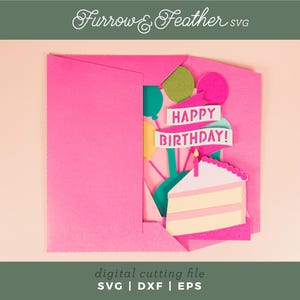 May include: A pink card with a pop-up design featuring a cake, balloons, and a banner that reads "Happy Birthday!"