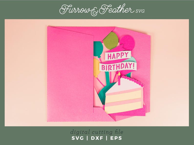 May include: A pink card with a pop-up design featuring a cake, balloons, and a banner that reads "Happy Birthday!"