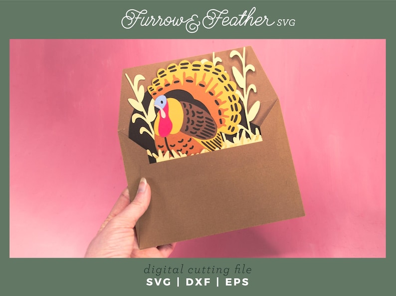 May include: A brown paper envelope with a colorful turkey design. The turkey has a yellow, orange, and brown tail, with a red wattle and blue head. The text "Furrow & Feather SVG" is at the top. The bottom text reads "digital cutting file SVG | DXF | EPS".