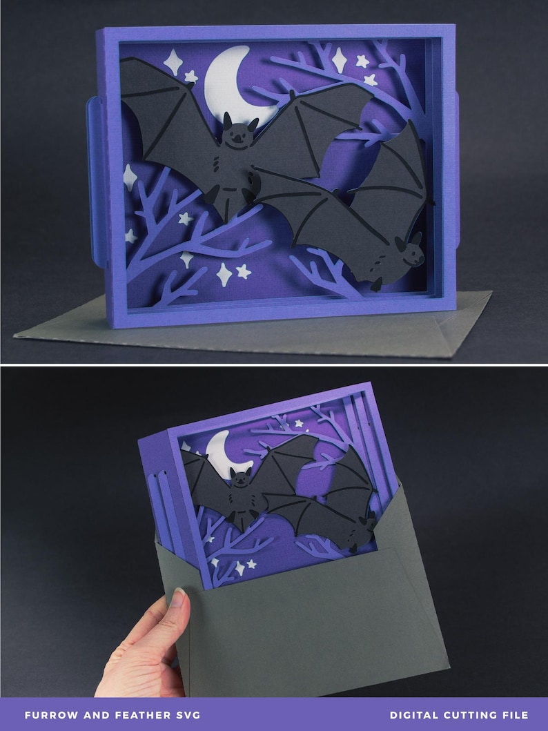Pode incluir: Um cart&atilde;o de arte em papel em camadas com tema de Halloween. O cart&atilde;o tem uma moldura roxa com uma cena noturna, incluindo morcegos, uma lua crescente, estrelas e galhos de &aacute;rvores. O cart&atilde;o est&aacute; em um envelope.