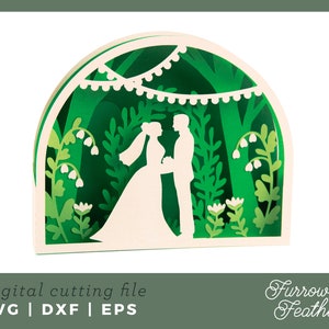 May include: A digital cutting file design featuring a silhouette of a bride and groom standing in a green forest with white flowers and a string of lights. The design is in a half-circle shape and is perfect for creating a wedding card or invitation.