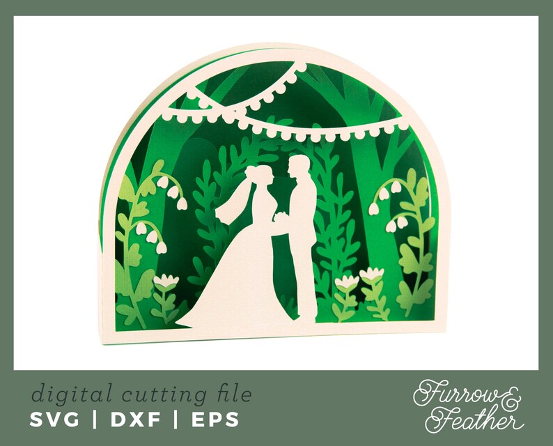 May include: A digital cutting file design featuring a silhouette of a bride and groom standing in a green forest with white flowers and a string of lights. The design is in a half-circle shape and is perfect for creating a wedding card or invitation.