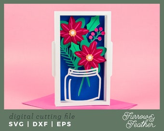 Poinsettia Flower Bouquet Christmas Card | Pop Up Card SVG | 3D Papercut SVG Card Cut File | Cricut Silhouette DIY