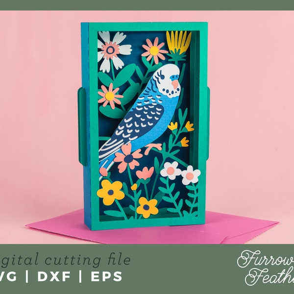 Budgie Parakeet with Wildflowers | Pop Up Card SVG | 3D Papercut SVG Card Cut File | Cricut Silhouette DIY