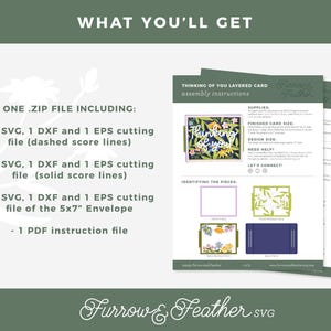 May include: Digital download instructions for a layered card. The image shows a green background with the text "WHAT YOU'LL GET". Includes SVG, DXF, and EPS cutting files, plus a PDF instruction file. The card design features floral elements.