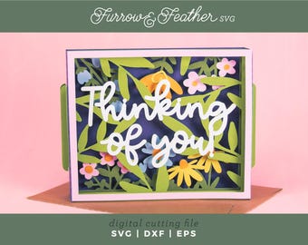 3DフラワーシンキングオブユーカードSVG：レイヤードシンパシーカードペーパーカットファイル（デジタルダウンロード）
