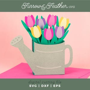 Watering Can with Tulips Card | 3D Spring Card SVG | 3D Papercut SVG Card Cut File | Cricut Silhouette DIY