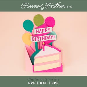 May include: A digital cutting file for a birthday card featuring a pink and white cake with a single candle, surrounded by colourful balloons and a banner that reads "HAPPY BIRTHDAY!"