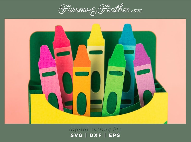 May include: A digital cutting file for a set of seven crayons in a box. The crayons are red, orange, yellow, green, blue, purple, and pink. The file is available in SVG, DXF, and EPS formats. Furrow & Feather SVG.