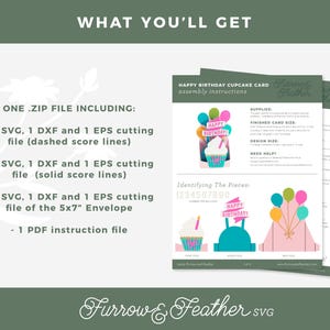 May include: A digital download for a Happy Birthday Cupcake Card. The download includes 1 SVG, 1 DXF, and 1 EPS cutting file for the card, 1 SVG, 1 DXF, and 1 EPS cutting file for the envelope, and 1 PDF instruction file. The card features a cupcake with a pink and white frosting and a banner that says "Happy Birthday".