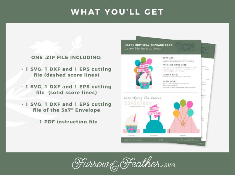 May include: A digital download for a Happy Birthday Cupcake Card. The download includes 1 SVG, 1 DXF, and 1 EPS cutting file for the card, 1 SVG, 1 DXF, and 1 EPS cutting file for the envelope, and 1 PDF instruction file. The card features a cupcake with a pink and white frosting and a banner that says "Happy Birthday".