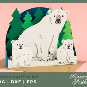 Cartão de ursos polares de inverno | Cartão pop-up SVG | Arquivo de corte de cartão SVG de papel 3D | Cricut Silhouette DIY