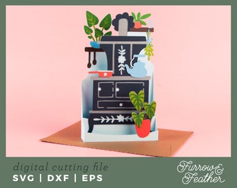 Antique Stove Pop Up Card SVG: 3D Papercut Birthday Card (Digital Download)