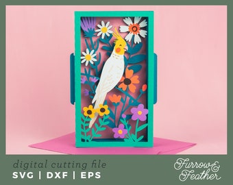 Spring Wildflower Cockatiel Card | Pop Up Card SVG | 3D Papercut SVG Card Cut File | Cricut Silhouette DIY