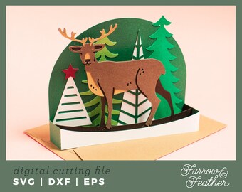 Christmas Reindeer Box Card Template | 3D Papercut SVG Card Cut File | Cricut Silhouette DIY