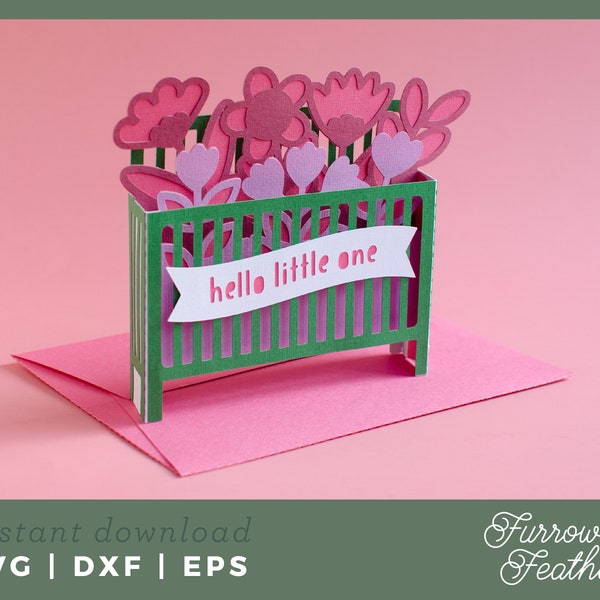 Baby Crib with Flowers Pop Up Box Card Template | 3D Papercut SVG Card Cut File | Cricut Silhouette DIY