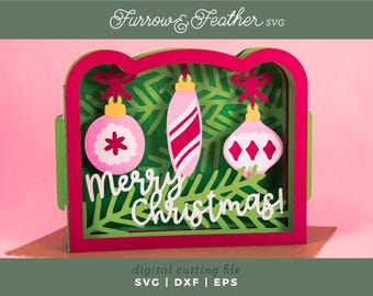 Tarjeta navideña 3D SVG: Adornos navideños (Descarga digital)