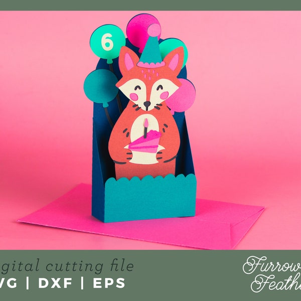 Fox Birthday Card Template | 3D Papercut SVG Card Cut File | Cricut Silhouette DIY