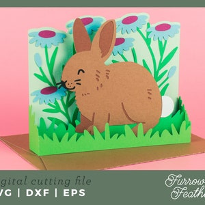 Frühling Osterhase mit Wildblumen Box Card Template | 3D Papierschnitt SVG Karte Schnitt Datei | Cricut Silhouette DIY