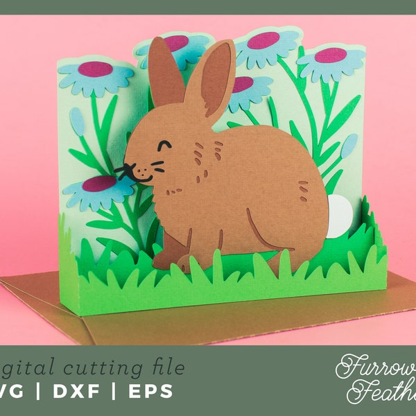 Spring Easter Bunny with Wildflowers Box Card Template | 3D Papercut SVG Card Cut File | Cricut Silhouette DIY