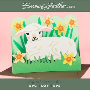 Lam in Gele narcissen Notitiekaart | Lentekaart SVG | 3D Papercut SVG Card Cut-bestand | Cricut silhouet DIY