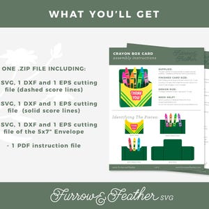 May include: A digital download for a crayon box card craft project. The image shows a color illustration of the finished card, a list of supplies, and instructions for assembling the card. The text "Thank You" is on the front of the card.