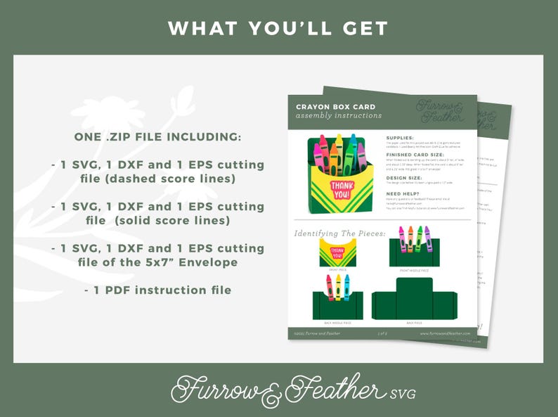 May include: A digital download for a crayon box card craft project. The image shows a color illustration of the finished card, a list of supplies, and instructions for assembling the card. The text "Thank You" is on the front of the card.