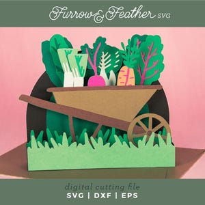 Brouette avec des légumes de printemps | Carte de printemps 3D SVG | Fichier découpé pour carte 3D | Cricut Silhouette DIY