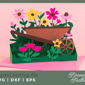 Spring Wildflower Garden Wheelbarrow Box Card Template | 3D Papercut SVG Card Cut File | Cricut Silhouette DIY