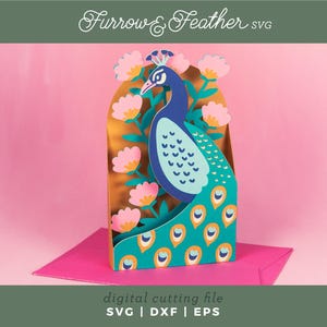 Peacock with Flowers Card | 3D Pop Up Card SVG | 3D Papercut SVG Card Cut File | Cricut Silhouette DIY