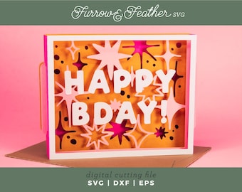 May include: A layered paper art piece with the words "HAPPY BDAY!" in white, set against a yellow and pink background with starburst cutouts. The design is framed in white and sits on a pink surface. The text "digital cutting file" is at the bottom.