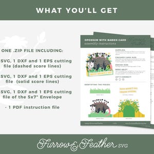 May include: Digital download of an opossum-themed Mother's Day card SVG file. The image shows assembly instructions and file details, including SVG, DXF, and EPS files for cutting and a PDF instruction file. The card design features an opossum family.