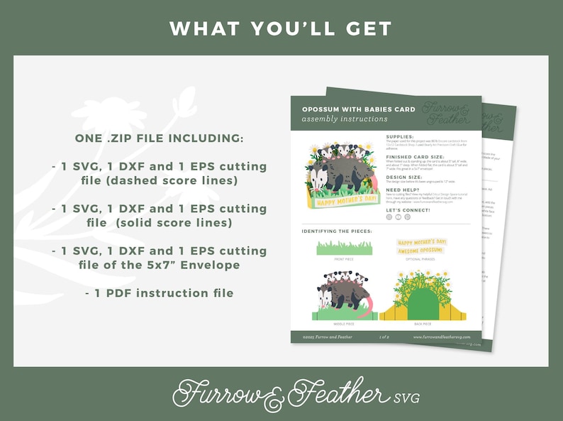 May include: Digital download of an opossum-themed Mother's Day card SVG file. The image shows assembly instructions and file details, including SVG, DXF, and EPS files for cutting and a PDF instruction file. The card design features an opossum family.
