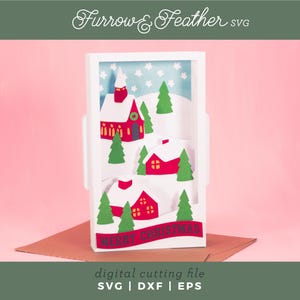 Cartão de Vila de Natal - Cartão de Natal SVG | Cartão Pop Up svg | Arquivo de Corte de Cartão SVG 3D Papercut | Cricut Silhouette DIY