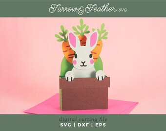 Lapin de Pâques dans un pot de carottes | Carte de Pâques SVG | Fichier découpé pour carte 3D | Cricut Silhouette DIY