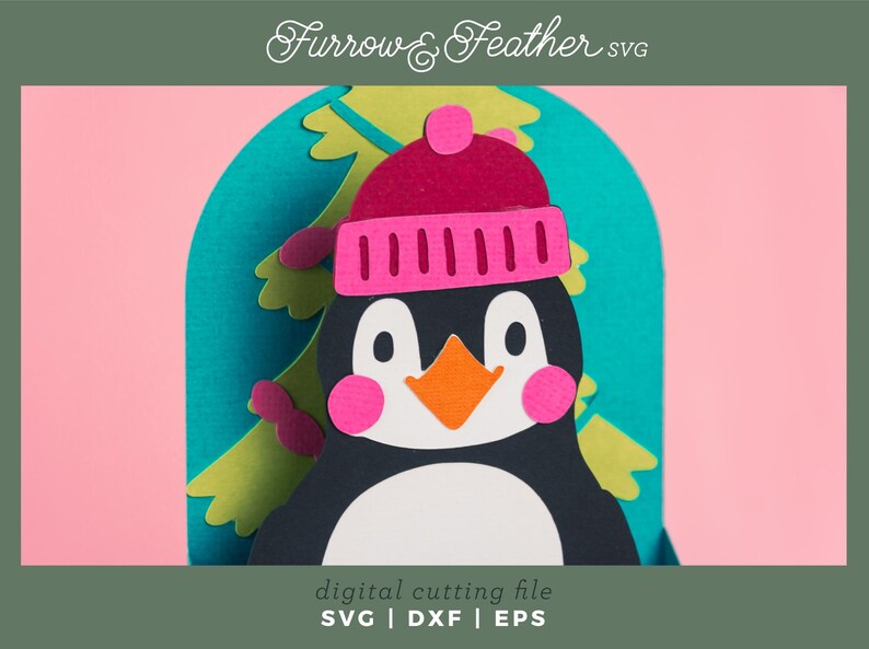 May include: A digital cutting file featuring a penguin wearing a pink and white hat with a blue and green background. The file is available in SVG, DXF, and EPS formats.