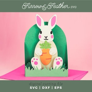 Conejito de Pascua sosteniendo una tarjeta de zanahoria / Tarjeta de Pascua SVG / Archivo de corte de tarjeta SVG de corte de papel 3D / Cricut Silhouette DIY