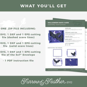 Pode incluir: Arquivos SVG digitais com tema de Halloween, incluindo arquivos de corte para um envelope de 5x7", linhas de pontua&ccedil;&atilde;o tracejadas e s&oacute;lidas e um arquivo de instru&ccedil;&otilde;es em PDF. O design apresenta morcegos e uma lua.