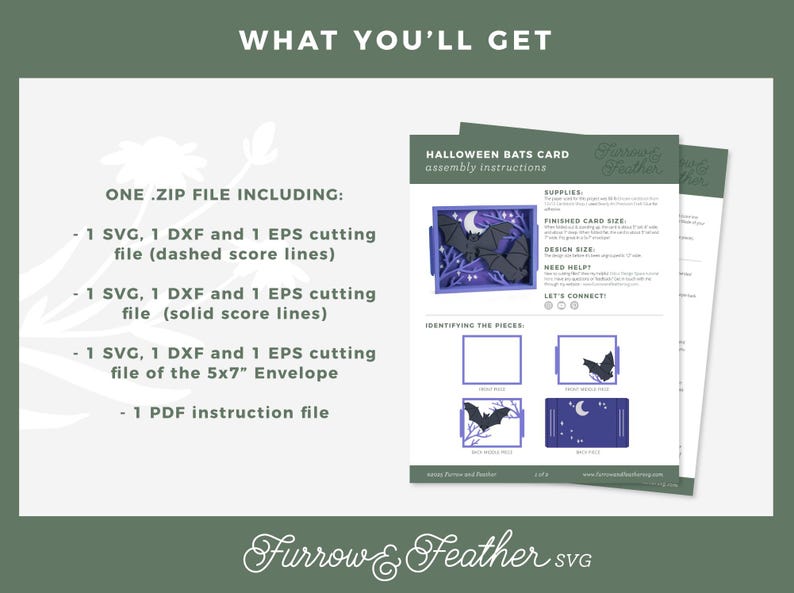 Pode incluir: Arquivos SVG digitais com tema de Halloween, incluindo arquivos de corte para um envelope de 5x7", linhas de pontua&ccedil;&atilde;o tracejadas e s&oacute;lidas e um arquivo de instru&ccedil;&otilde;es em PDF. O design apresenta morcegos e uma lua.