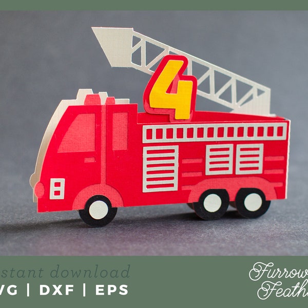 Fire Truck Birthday Box Card Template | 3D Papercut SVG Card Cut File | Cricut Silhouette DIY